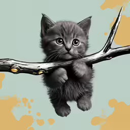 small gray kitten on a branch, looking out from behind a twig