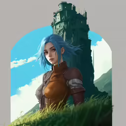 an anime style female stands by a tower