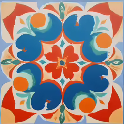 an abstract painting with large blue and red flower