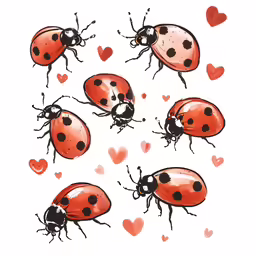 a painting of six red ladybugs surrounded by hearts