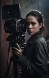 woman behind a camera with long hair and an eye make up