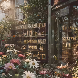 several signs on the side of a building with flowers growing out of it