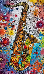 a painting of a saxophone with paint drops on the ground