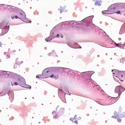 two dolphins on a pink and purple watercolor pattern