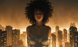 an abstract rendering of a woman standing with her hair blowing back in the wind