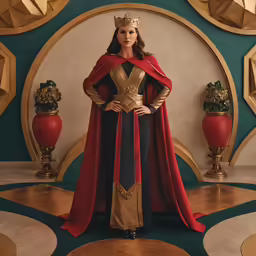 a woman dressed in a medieval style outfit with an ornate golden crown and red mantle