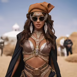 a person in a bathing suit and big gold earrings