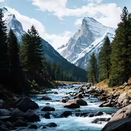 the water is flowing through a river near mountains