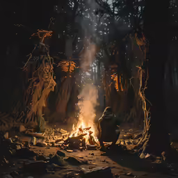 a person sitting at the end of a fire in the woods