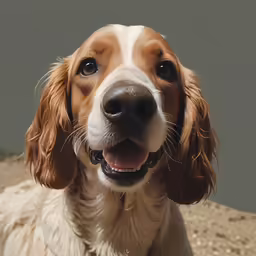 a brown and white dog smiling with its mouth open