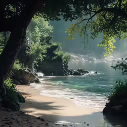 an image of a beach that is under the tree