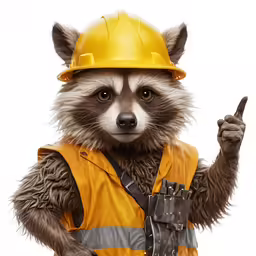 a raccoon wearing a safety suit and holding a sign