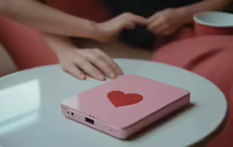 the woman is sitting on the table with the laptop in her hands