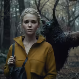 a beautiful blond woman with black crow wings next to her