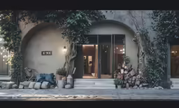 an entry to a building with a bench on the ground