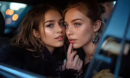 two beautiful young women sitting in a car