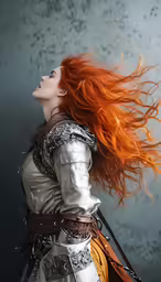 a woman with orange hair wearing leather
