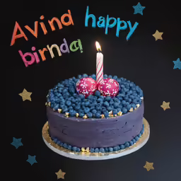 a birthday cake with blueberries and a lit candle