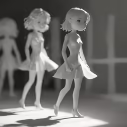 two doll dolls posed in a line while one is holding an umbrella