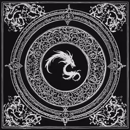 a circular design with white swirling and a dragon in the middle,an intricate dragon design in black and white on a black background