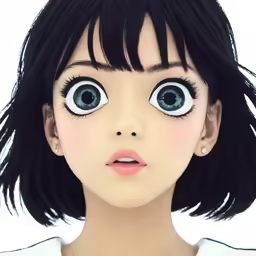 an animated doll is wearing a black wig