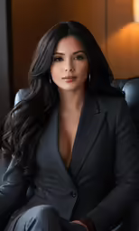a woman is wearing a suit and sitting on a chair