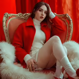 a woman sitting on top of a chair with long legs