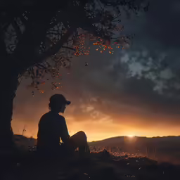 silhouette of a man seated beneath tree with a bright sun set in the background