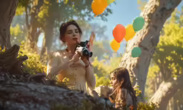 a person and two girls standing next to each other holding balloons