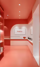 a bathroom is adorned with bright red walls