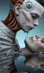 a digital art work shows a man kissing a woman in water