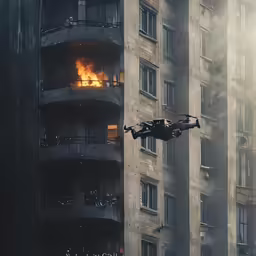 a helicopter flies near a fire in the city