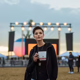 woman at outdoor concert with cellphone and camera recording