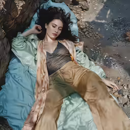 a woman laying on a blanket on top of rocks