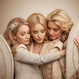 three women posing for the camera and hugging each other