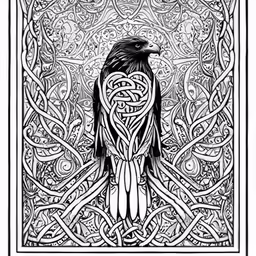 a black bird is in the middle of a celtic pattern