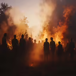 silhouettes of people standing in front of a burning forest