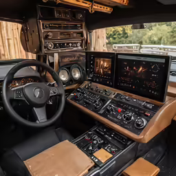 a view of a car dashboard with various items, including the radio, in a vehicle