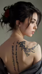 a woman with tattoos on her back and arms