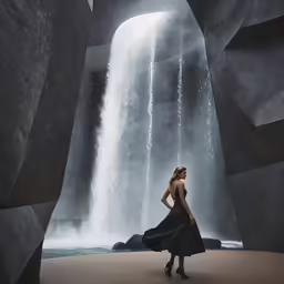 a woman standing in front of a waterfall wearing a dress