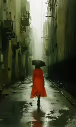 woman walking through alley in raincoat with umbrella