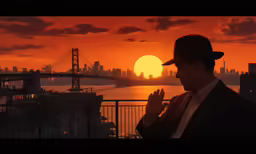 a man is wearing a suit and standing near the water at sunset