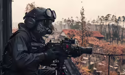 the military man is aiming the rifles in a range
