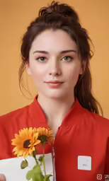 a woman in an orange shirt holds up a flower