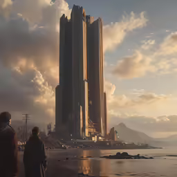 a group of people looking at the large building
