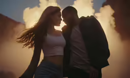 a man and a woman kissing in front of smoke filled skies