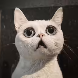 a white cat has big round eyes while sitting