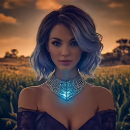 a woman with a collar, glowing necklace and cropped hair in a field