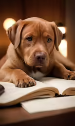 the dog is looking at the camera while reading a book