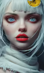 a woman with white hair has red eyes and white feathers